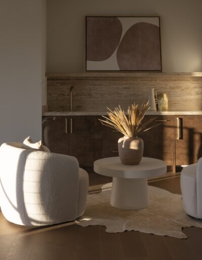 Two modern white chairs face a round table with a dried plant arrangement, set on a light rug in a minimalist living space with warm sunlight and abstract wall art.